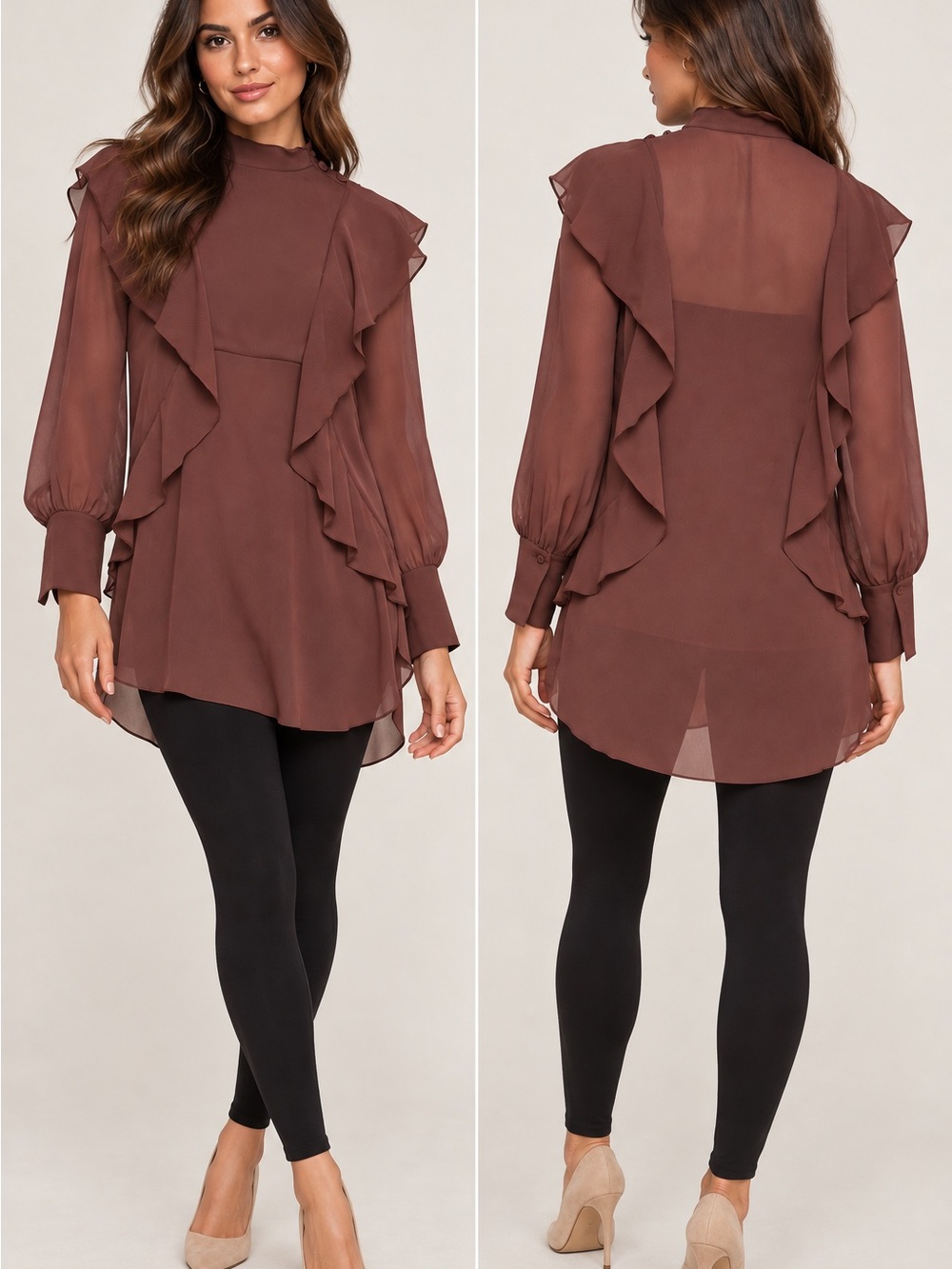 BCBGMAXAZRIA Ruffle Trimmed Tunic Blouse Dark Berry Sheer Chiffon HiLow